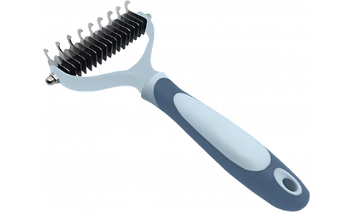 Blue dematting rake comb for dogs and cats, with stainless steel blades and an ergonomic handle for comfortablee grooming.