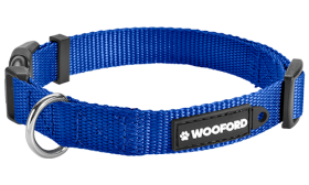 Essential Nylon Dog Collar Blue adjustable dog collar, sturdy silver D-ring metal to attach a dog tag, comfortable and durable lightweight nylon.