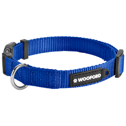 Blue adjustable dog collar, sturdy silver D-ring metal to attach a dog tag, comfortable and durable lightweight nylon.