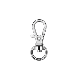 Silver snap hook for dog tags with spring-loaded clasp and circular ring, 3cm x 1cm, for securely attaching dog id tags.