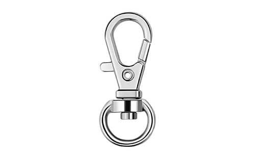 Snap Hook Silver snap hook for dog tags with spring-loaded clasp and circular ring, 3cm x 1cm, for securely attaching dog id tags.