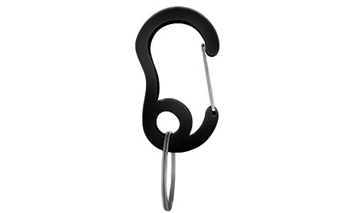 Black snap hook carabiner with small split ring, durable, 16mm x 27mm, for securing dog tags or accessories to collars.