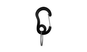 Black snap hook carabiner with small split ring, durable, 13x22mm, for securing dog tags or accessories to collars.