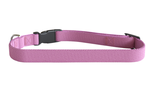 Pink embroided dog collar, 30-46cm in length and 1.5cm wide, lightweight nylon, customisable with dog's name and details.