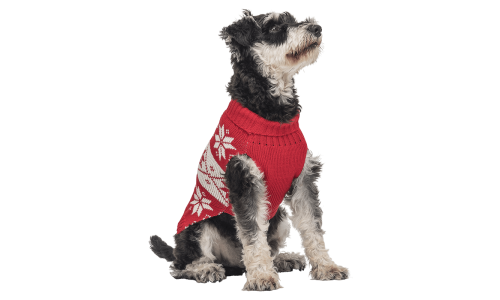Red winter sweater for dogs with white snowflake pattern, washable, providing warmth and festive style.
