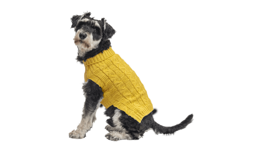 Yellow warm cotton sweater for dogs with cable-knit pattern, extra protection, keep dogs cosy in cold weather.