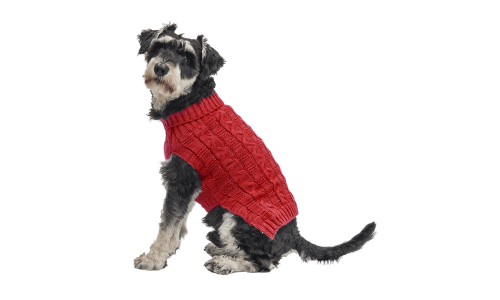 Red warm cotton sweater for dogs with cable-knit pattern, extra protection, keep dogs cosy in cold weather.