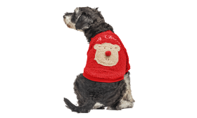 Buttoned Christmas Coat for Dogs Red buttoned Christmas coat for dogs with a fluffy bear design on the back, washable, made of polyester.