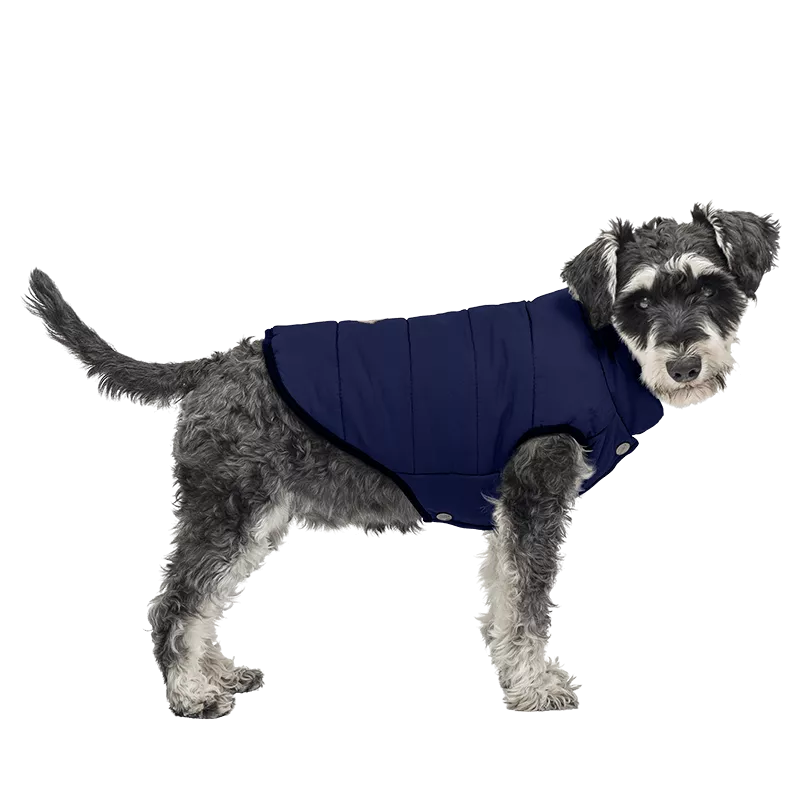 Navy blue windproof dog winter vest, comfortable fit, waterproof, designed for warmth and protection in cold weather.