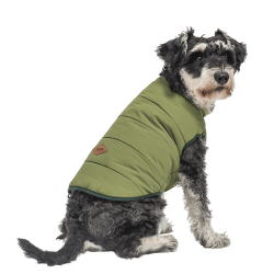 Green windproof dog winter vest, comfortable fit, designed for warmth and protection in cold weather.