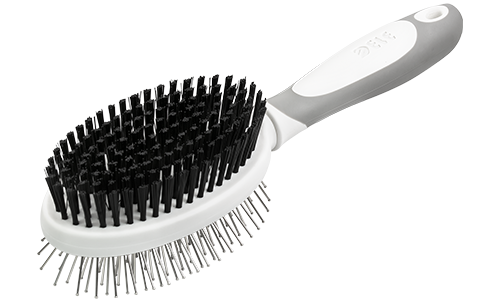 Double-sided dog brush with ergonomic handle, with soft bristles on one side and metal pins on the other for dual grooming.