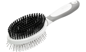 Double Sided Dog Brush Double-sided dog brush with ergonomic handle, with soft bristles on one side and metal pins on the other for dual grooming.