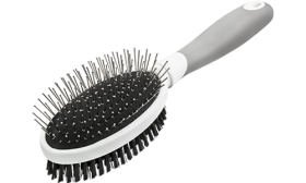 Double Sided Dog Brush Double-sided dog brush with ergonomic handle, with metal pins on one side and soft bristles on the other for dual grooming.