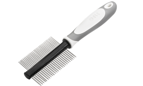 Double-sided Dog Comb Double-sided dog comb with ergonomic handle, featuring fine and wide metal teeth for detangling and grooming.