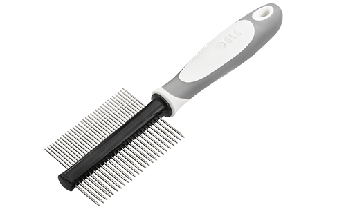 Double-sided Dog Comb Double-sided dog comb with ergonomic handle, featuring fine and wide metal teeth for detangling and grooming.