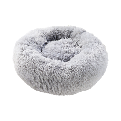 Luxury soft dog bed in a round shape, grey colour, high-quality soft material, for deluxe comfort and elegant design.