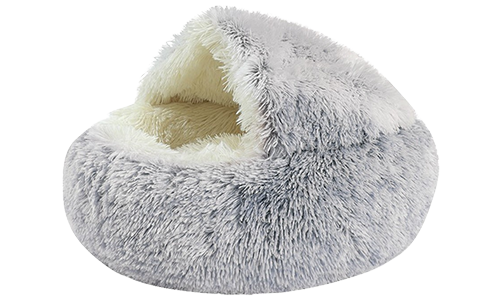 Slipper-shaped pet bed in grey with a fluffy interior, soft material, cosy, enclosed space for pets to rest.