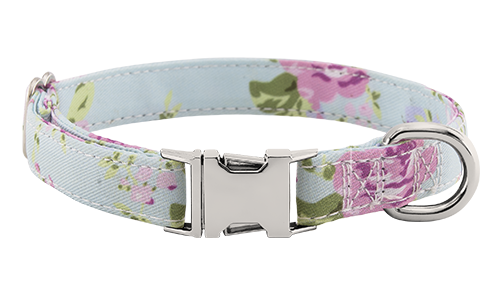 Pastel floral-patterned dog collar with metal buckle for dog name engraving, 27 - 40cm in length and 1.5cm wide, with D-ring.