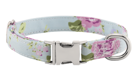 Dog Collar with Engraved Buckle Pastel floral-patterned dog collar with metal buckle for dog name engraving, 27 - 40cm in length and 1.5cm wide, with D-ring.