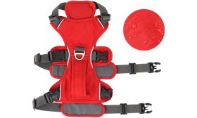 Reflective Waterproof Dog Harness Red waterproof dog harness with adjustable straps, suitable for different types of dogs, with sturdy handle.