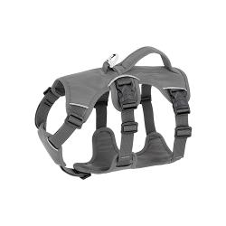 Grey waterproof dog harness with adjustable straps, suitable for different types of dogs, with sturdy silver ring.