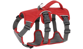 Reflective Waterproof Dog Harness Red waterproof dog harness with adjustable straps, suitable for different types of dogs, with sturdy silver ring.