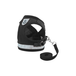 Black reflective dog harness vest with matching leash, lightweight, with breathable mesh fabric for comfort fit.