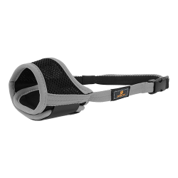 Soft padded adjustable dog muzzle in grey, lightweight nylon material, designed for comfort and secure fit.