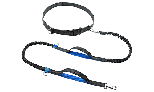 Hands Free Running Retractable Dog Leash Blue hands free running retractable dog leash, 70 - 120 cm in length and 2.5cm width, adjustable belt, padded handles.