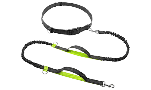 Green hands free running retractable dog leash, 70 - 120 cm in length and 2.5cm width, adjustable belt, padded handles.