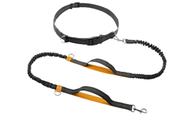 Hands Free Running Retractable Dog Leash Orange hands free running retractable dog leash, 70 - 120 cm in length and 2.5cm width, adjustable belt, padded handles.
