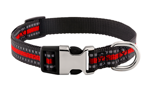 Reflective Dog Collar with Engraved Buckle Reflective red dog collar with engraved metal buckle, 27-40 cm in length and 1.5 cm wide, with D-rings for leash attachment.