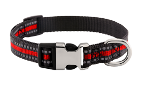 Reflective Dog Collar with Buckle Reflective red dog collar with adjustable metal buckle, 27-40cm in length and 1.5 cm wide, with D-ring for leash attachment.