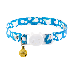 Breakaway cat collar with an blue floral design, adjustable and lightweight for comfort, with a white buckle and gold bell.