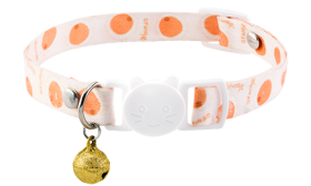 Breakaway Cat Collar Breakaway cat collar with an orange design, adjustable and lightweight for comfort, with a white buckle and gold bell.