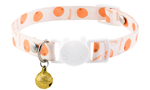 Breakaway Cat Collar Breakaway cat collar with an orange design, adjustable and lightweight for comfort, with a white buckle and gold bell.