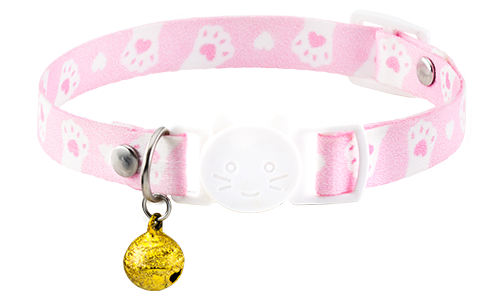 Breakaway cat collar with an floral design, adjustable and lightweight for comfort, with a white buckle and gold bell.