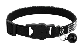 Luxury Breakaway Cat Collar with Crystals Luxury black breakaway cat collar with crystals, adjustable and lightweight for comfort, with a cat-shaped buckle.