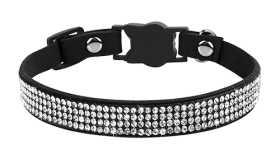 Luxury Breakaway Cat Collar with Crystals Luxury black breakaway cat collar with crystals, adjustable and lightweight for comfort, cat-shaped buckle and a bell.
