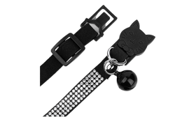 Luxury Breakaway Cat Collar with Crystals Luxury black breakaway cat collar with crystals, adjustable and lightweight for comfort, with a black bell attachment.