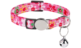 Breakaway Cat Collar with Metalic Buckle Red floral-patterned breakaway cat collar with a metallic buckle, adjustable and lightweight for comfort, with silver bell.