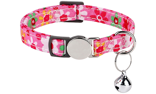 Breakaway Cat Collar with Metalic Buckle Red floral-patterned breakaway cat collar with a metallic buckle, adjustable and lightweight for comfort, with silver bell.