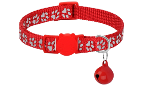Paw-pattern Breakaway Cat Collar Red paw-patterned breakaway cat collar, adjustable and lightweight for comfort, safety buckle with matching bell.