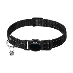 Reflective black breakaway cat collar, adjustable and lightweight for comfort, secure breakaway buckle and a bell.