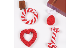 Rope Dog Toy Set - 4 pcs Set of four rope dog toys in red and white, including a ring, drumstick, heart, and bone shapes, for interactive chewing.