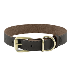 Luxury genuine leather dog collar in brown with gold adjustable buckle, durable and strong, D-ring for leash.