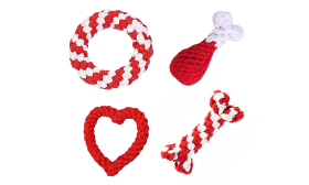 Rope Dog Toy Set - 4 pcs Set of four rope dog toys in red and white, including a ring, drumstick, heart, and bone shapes, for interactive play.