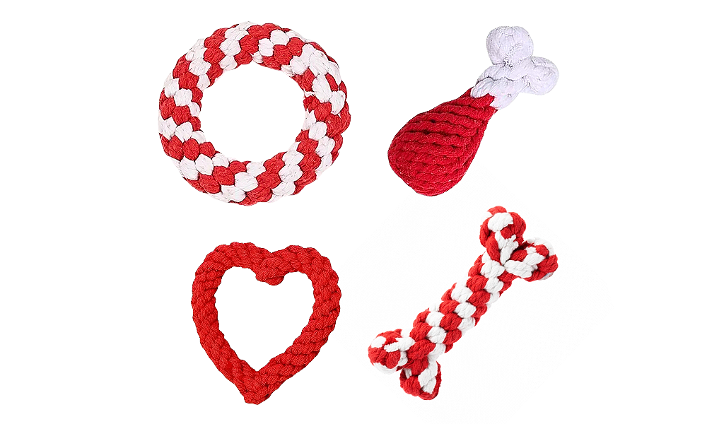 Rope Dog Toy Set - 4 pcs Set of four rope dog toys in red and white, including a ring, drumstick, heart, and bone shapes, for interactive play.