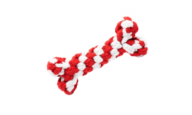 Rope Dog Toy Set - 4 pcs Set of four rope dog toys in red and white, including a ring, drumstick, heart, and bone shapes, hand washable.