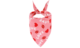 Printed Love Dog Bandana Pink dog bandana with 'LOVE' text, red hearts, and kiss marks, perfect for Valentine's day, machine and hand washable.